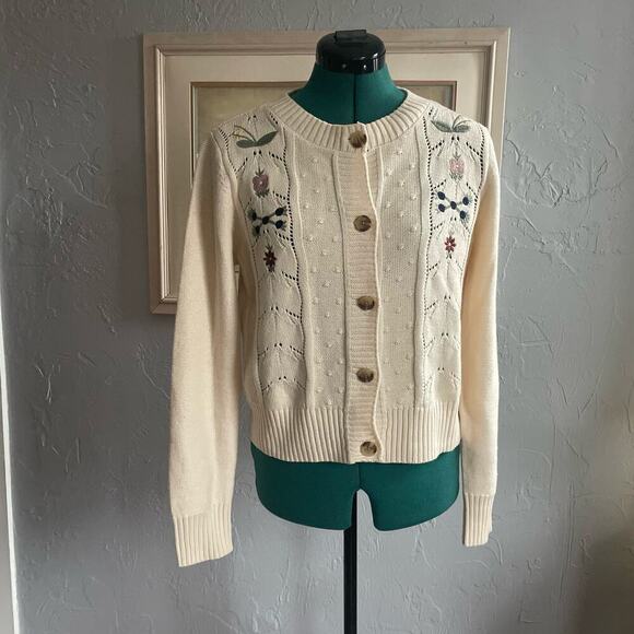 Lucky Brand Sweaters - Lucky Brand Cream Cottage Dainty Country Floral Embroidered Grandma Cardigan S